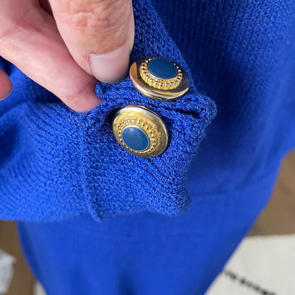 Vintage St John 3pc Skirt Suit Santana Knit Cobalt Blue Silk Scarf M 10 - Picture 6 of 10
